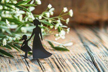 Paper-cut figures of mother and child on a wooden background with white flowers, Mother's Day, AI generated, AI generated
