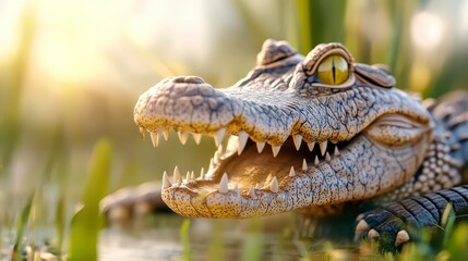 Obraz premium Close-Up View of Alligator with Sharp Teeth in Swamp Environment