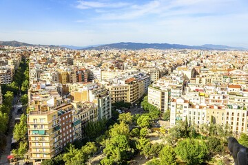 Naklejka premium City view with houses from the Sagrada Familia, Barcelona, Catalonia, Spain, Europe