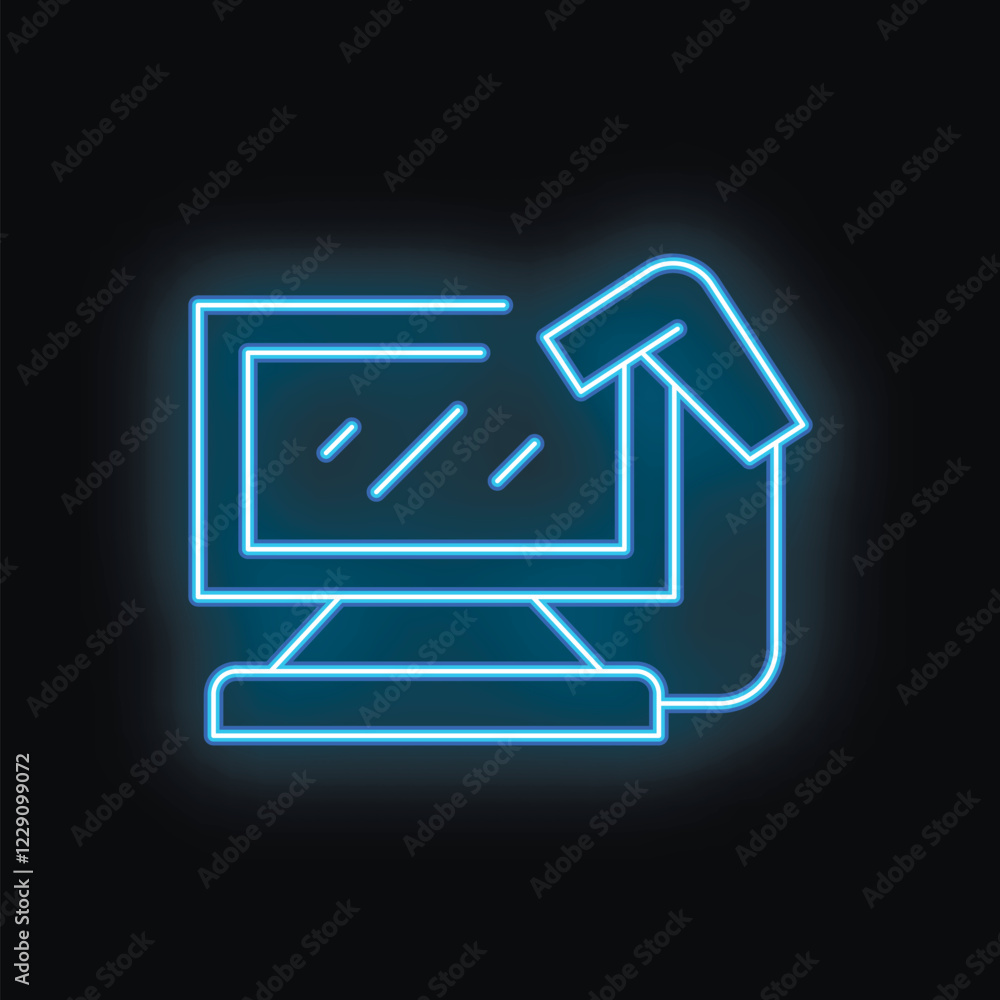 Poster neon icon of a robotic arm moving a window pane on a computer screen, representing concepts like aut