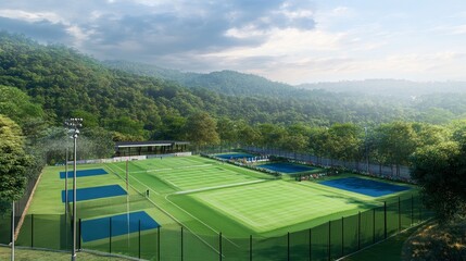 Photorealistic cricket net practice facility surrounded by lush greenery with synthetic pitches