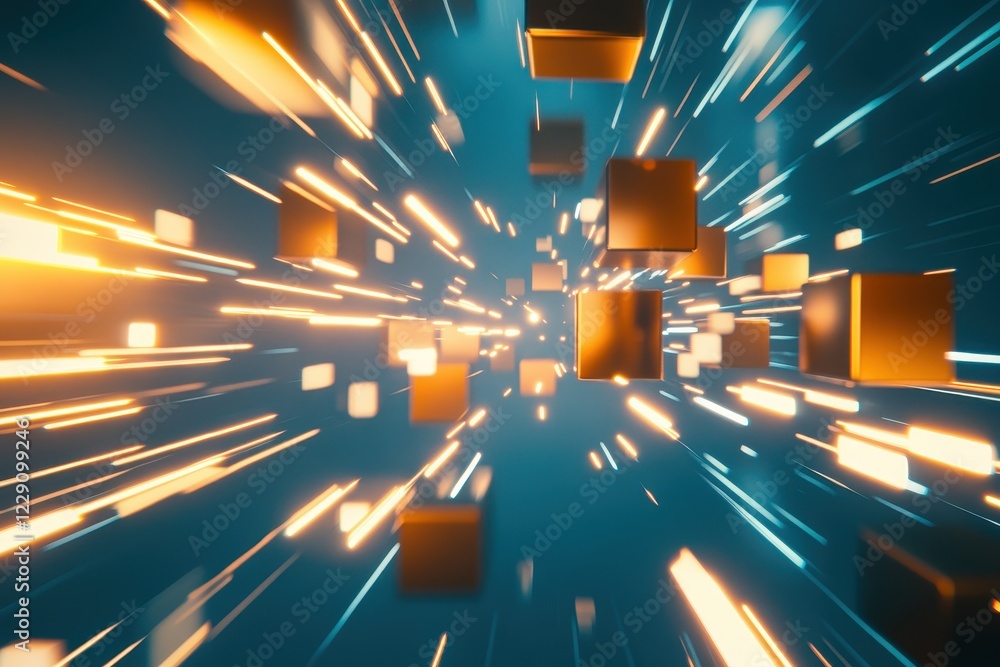 Poster glowing light trails moving over cubes create a dynamic visual effect on a blue background, glowing 