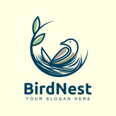 Simple minimalist bird and nest line design, perfect for brand logo.