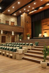 A modern auditorium with wooden accents and comfortable seating.
