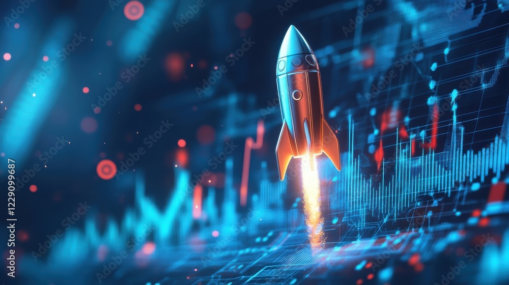 Poster abstract growth graph chart with launch rocket on technology blue background....