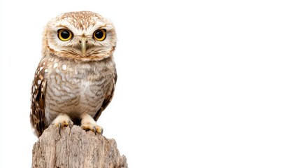 Fototapeta premium Charming Little Owl Perched on a Wooden Log Against White Background