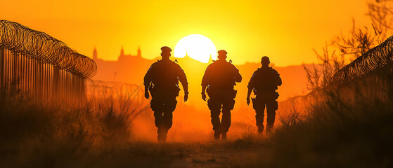 Sunset Patrol Border Agents Walk Past Fence