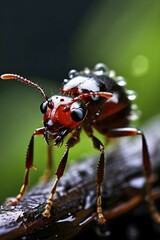 Naklejka premium Close up of a red wood ant glistening with delicate raindrops, AI generated