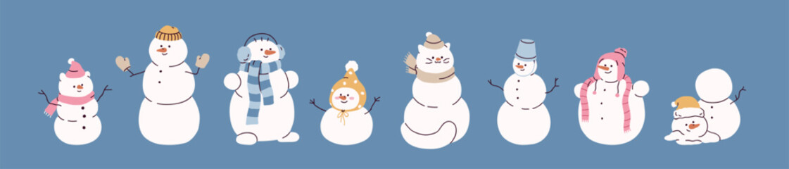 Cute snowmen set. Snow men, festive winter cold characters from snowballs, in hat, scarf, headphones, clothes, with arm sticks and carrots. Christmas fun. Kids isolated flat vector illustration