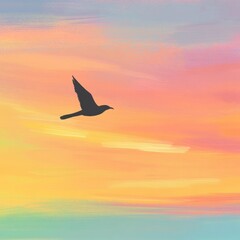 Fototapeta premium Bird in Flight, Colorful Sunset Sky