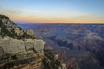 Gorge of the Grand Canyon at sunrise, view from Rim Walk, eroded rock landscape, South Rim, Grand Canyon National Park, Arizona, USA, North America
