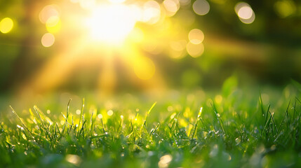 Obraz premium Lush Meadow Sunlit w Spring background with green grass and blurred sun rays a banner ith Vibrant Spring Colors