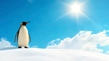 Fototapeta premium Penguin Standing Alone on Snowy Landscape Under Bright Sunlight