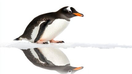 Fototapeta premium Elegant Gentoo Penguin Standing on Ice with Reflection Below