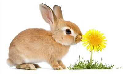 Obraz premium Cute Bunny Sniffing Bright Yellow Dandelion Flower in Green Grass
