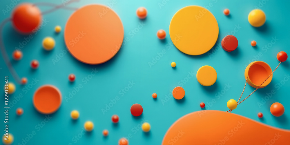 Poster a blue background with orange and yellow circles scattered around it. the circles are of different s