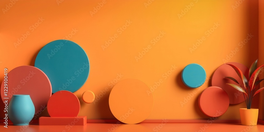 Poster a wall with a variety of colorful circles and a potted plant. the circles are arranged in a way that