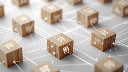 Fototapeta premium Online shopping symbols engraved on wooden blocks, representing payment options, shopping carts, and delivery status, connected by subtle glowing lines on a minimal light-colored background.