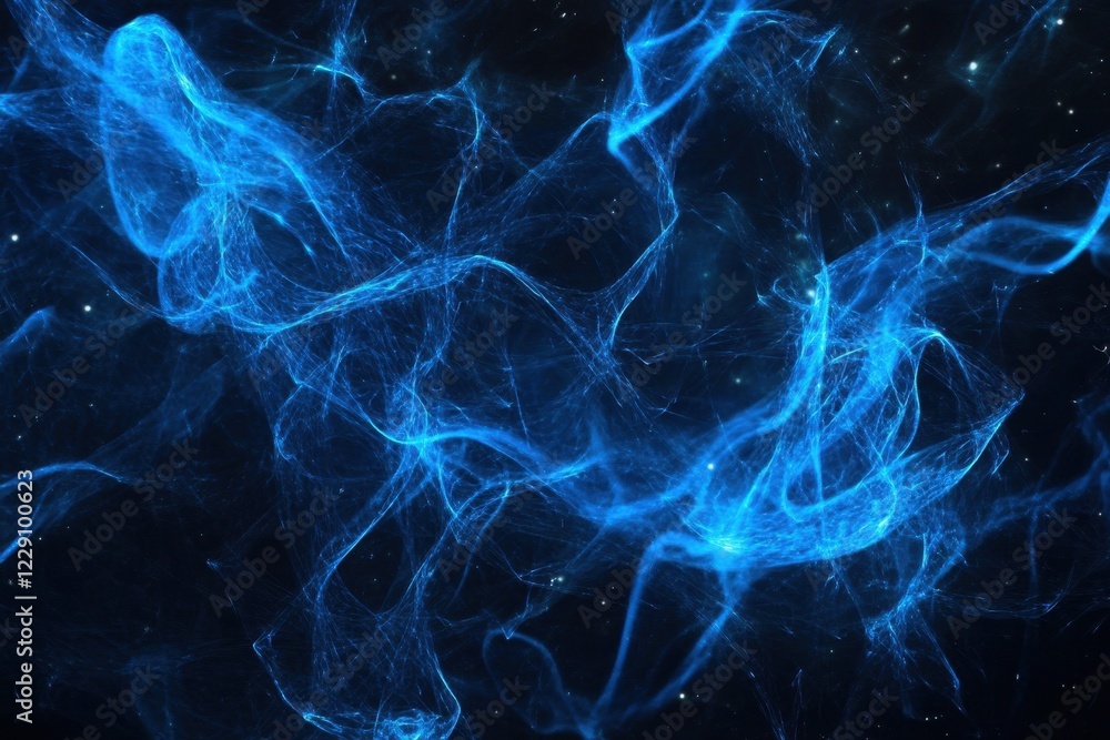 Poster glowing blue mesh patterns flowing over a dark background creating a swirling effect, glowing blue m