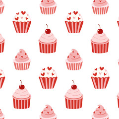 Seamless pattern with pink cupcakes decorated with cherries and hearts on a white background. Perfect for Valentine's Day, bakery designs, and romantic themed projects.