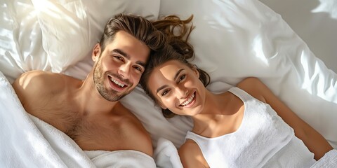 A joyful couple shares intimate moments in bed, enjoying each others company in their cozy haven. They create a harmonious and loving atmosphere, filled with affection and happiness