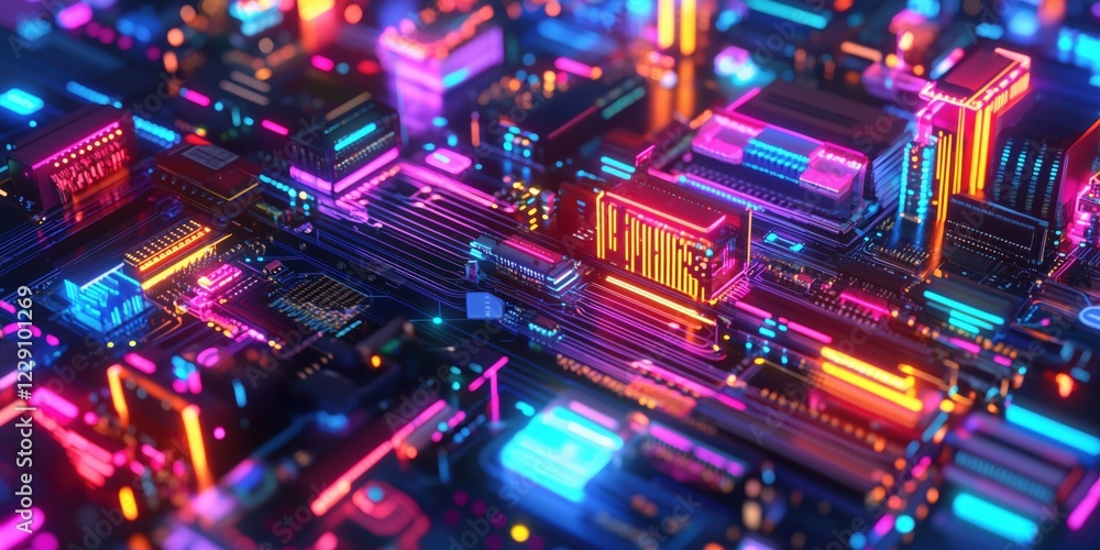 Poster futuristic cityscape with neon lights and circuit patterns, showcasing vibrant colors and intricate 