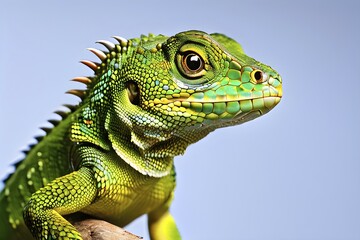 Obraz premium European green lizard portrait with its vibrant colors in hues of green and blue, AI generated
