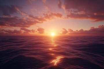 Fototapeta premium Vibrant ocean sunset showcasing warm colors and serene waves at dusk, Establishing shot of a gorgeous Ocean Sunset