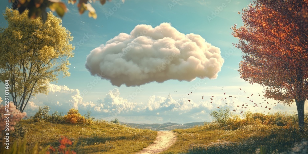 Poster a cloud is floating in the sky above a field of grass. there are trees in the background