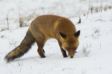 Red fox (Vulpes vulpes) sniffing in the snow, North Holland, Netherlands