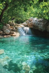 Naklejka premium Idyllic waterfall cascading into a serene pool surrounded by lush greenery and vibrant wildflowers.