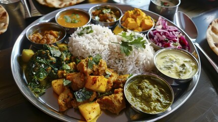 A complete Indian meal with rice, spinach curry, paneer, and sides on a round metal platter, AI generated