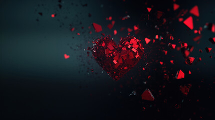 A dramatic image of a heart shattering into red fragments, creating a visual representation of heartbreak and emotion.