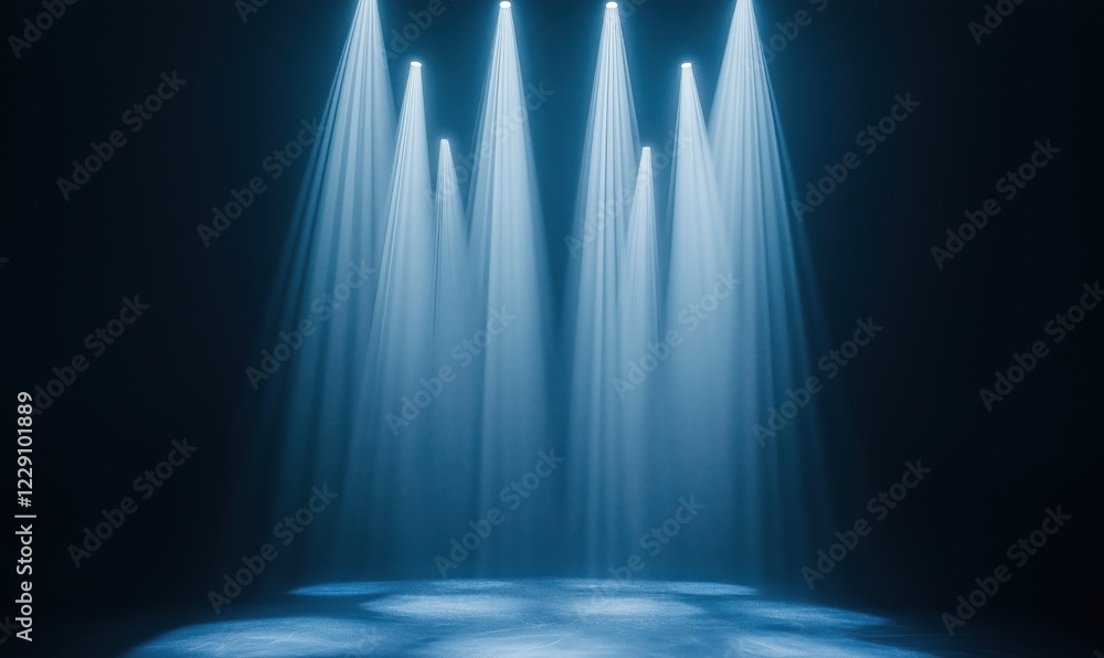 Poster dramatic stage lighting with blue beams illuminating empty performance area, creating a captivating 
