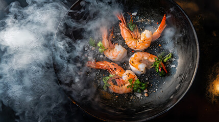 Large fresh shrimp, drizzled with spices, grilled on a grill and emitting billowing smoke. Seen from above. AI generated images. 
