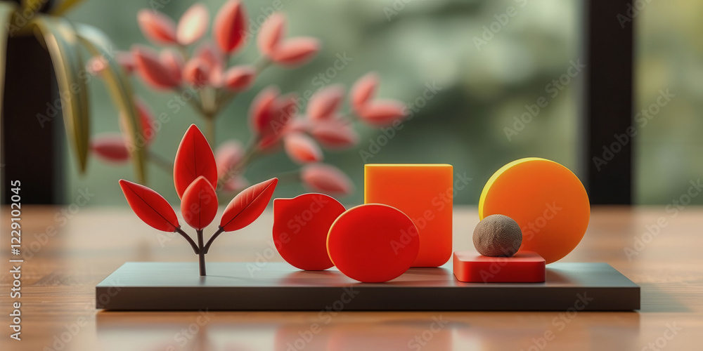 Poster a table with a variety of colorful shapes and a leafy plant in the background. the shapes are arrang