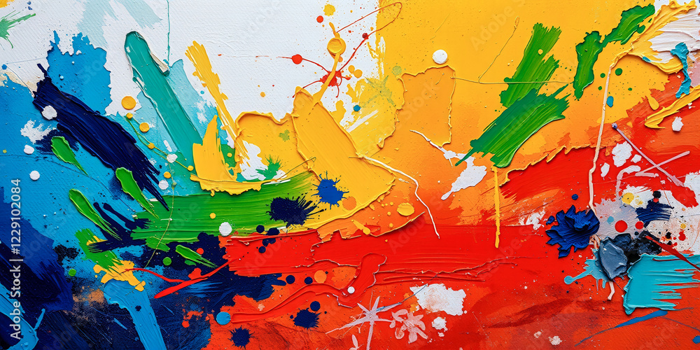 Poster a colorful painting with splatters of paint that appears to be abstract. the colors are bright and v