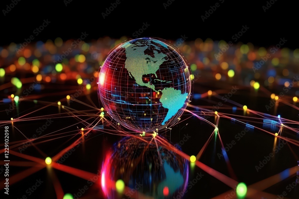 Aufkleber global network of connections showcasing data processing over glowing landscape, digital data proces