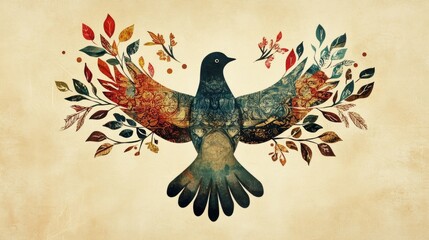 This vibrant illustration features a colorful bird surrounded by intricate floral elements, set against a vintage background. Perfect for nature-themed projects.