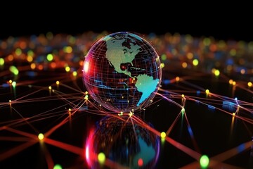 Global network of connections showcasing data processing over glowing landscape, digital data processing over network of connections with icons