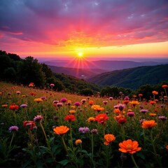 Fototapeta premium Sunset over Shenandoah valley with blooming wildflowers, flowers, wildflowers