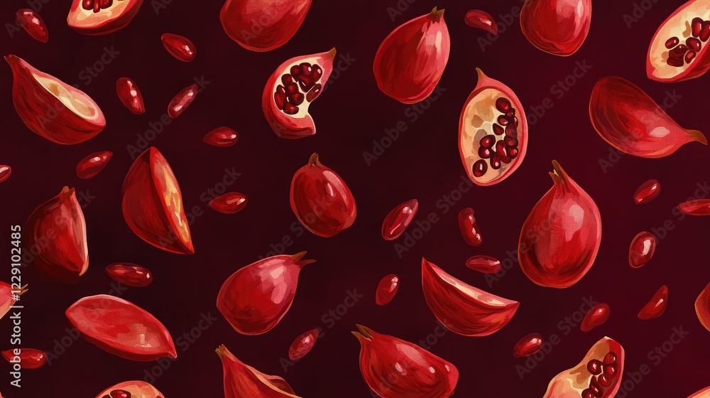 Poster colorful and vibrant pomegranate pattern with sliced and whole fruits on a dark background for fresh