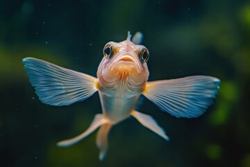 Fototapeta premium Catfish swims gracefully while facing the camera in an underwater habitat, A catfish faces the camera, and its body waving