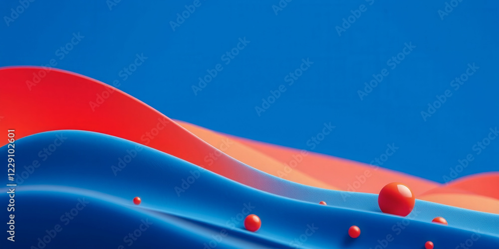 Poster a blue and red wave with red balls in the middle. the blue and red colors create a sense of movement