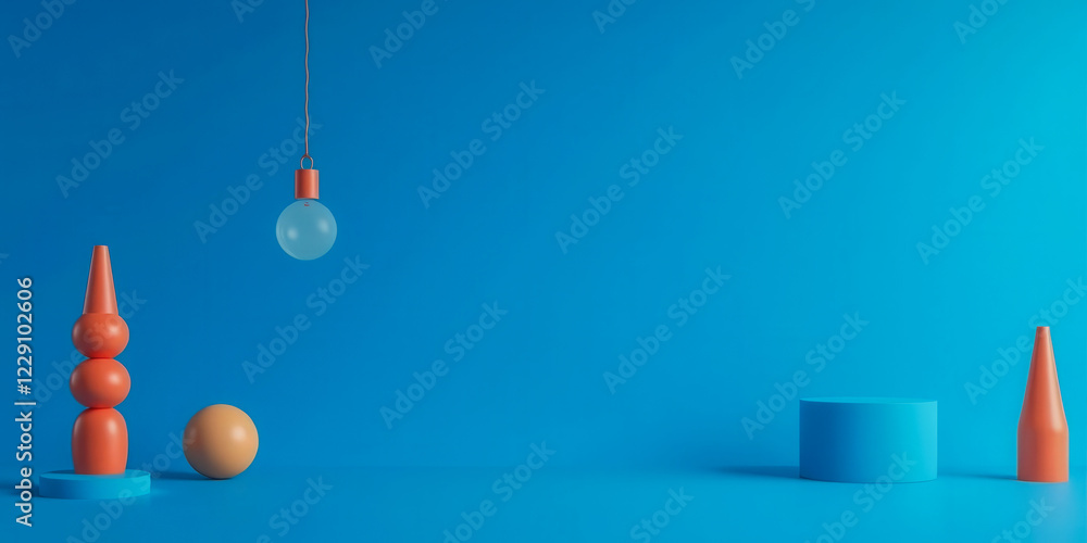 Poster a blue background with a light bulb hanging from a wire. a blue cube is on the left side of the imag
