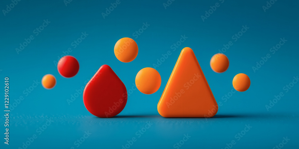 Poster a blue background with red and orange shapes. the red shapes are a drop and a triangle