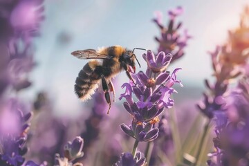 Fototapeta premium Large earth bumblebee (Bombus terrestris) on a lavender flower (Lavendula), AI generated, AI generated, AI generated