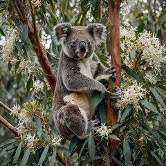 Obraz premium A koala and her joey perched in a eucalyptus tree with blooming jasmine flowers below.