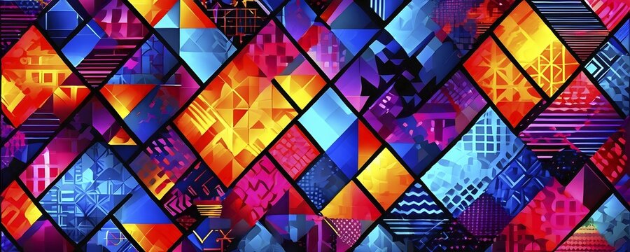 Abstract geometric patchwork illustration with vibrant intersecting geometric shapes filled with digital pattern, AI generated