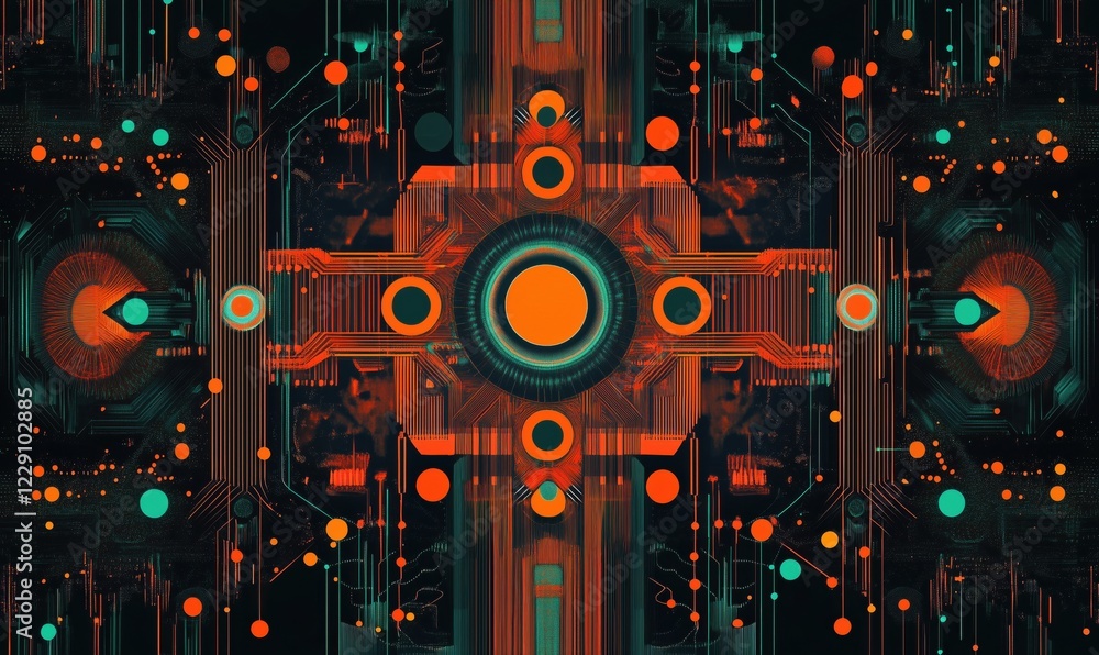 Poster futuristic abstract digital circuit design with vibrant colors and geometric patterns, featuring cen